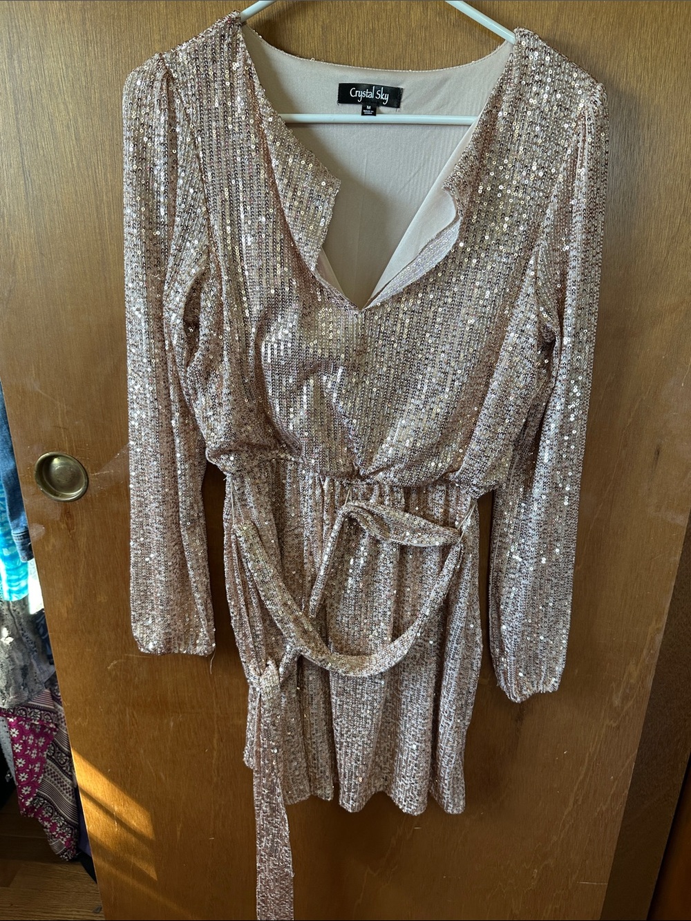 Crystal Sky Rose Gold Sequin Long Sleeve Wrap Mini Dress